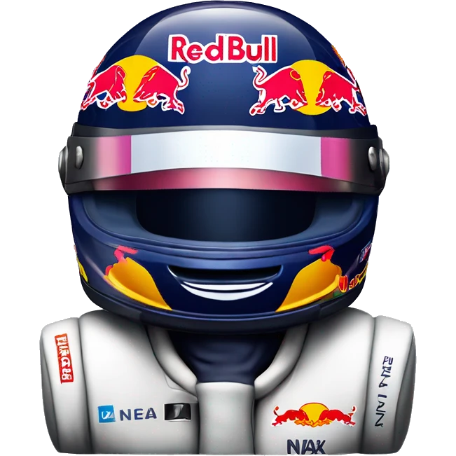 Tiny formula 1 Red Bull race car with Huge Nax Verstappen helmet sticking out of the cockpit emoji
