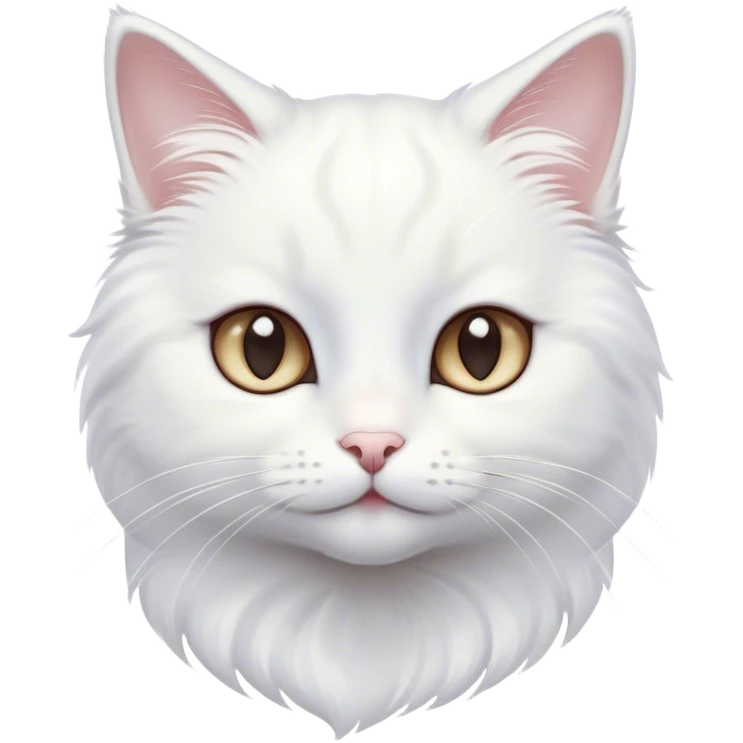 Cinematic Cute White Cat Portrait Emoji, Head tilted with a soft, gentle smile and sparkling eyes, featuring a silky, pristine white fur with subtle silver highlights, simplified yet irresistibly adorable, highly detailed, glowing with a warm, snowy glow, high shine, radiating affectionate charm and tender grace, styled with a light, playful outline, capturing the essence of a cute white cat that looks as if it could melt your heart with a single blink! emoji