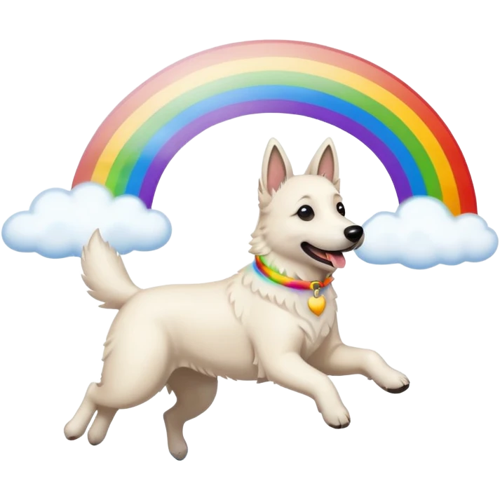 White belgian Shepard jumping Cheerful  over Rain puddles. There is a rainbow in the sky emoji