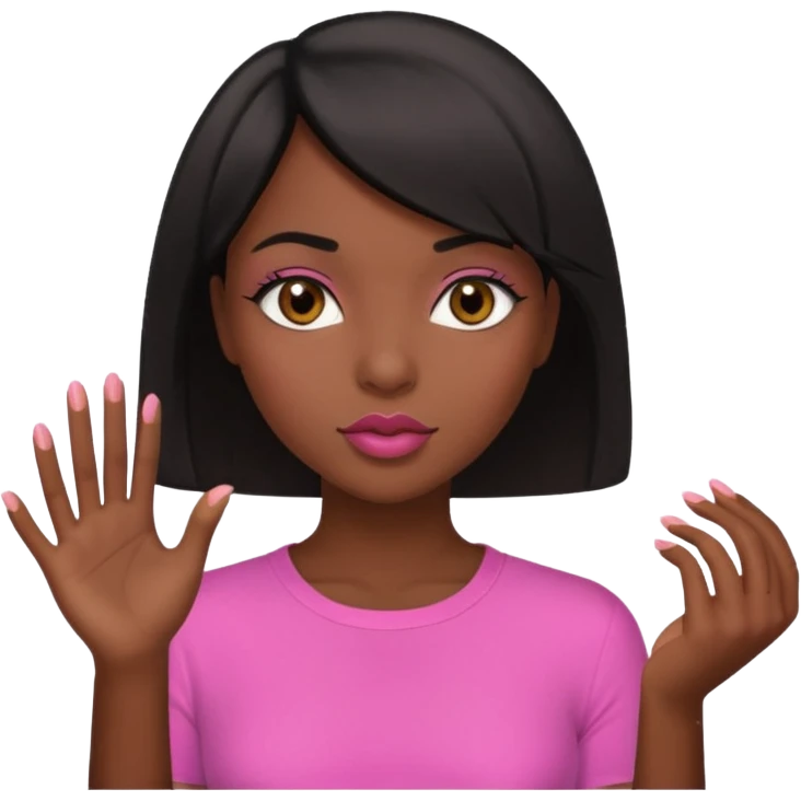 Dark skin girl asking for money with hand out make her more fabulous but still a clean look with a black bob and pink shirt  brown eye  with the kiss lips  emoji