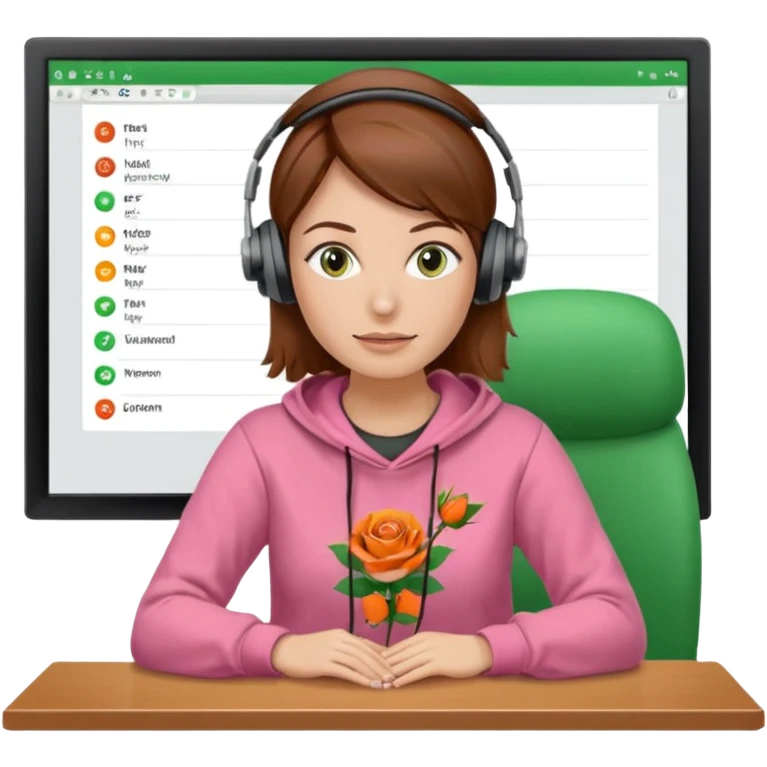 woman, brown hair, middle european, wearing a headset and rose sweatshirt. sitting in the office. she is controling limits on screen: green = ok, orange = bald überschritten, re = limite überschritten emoji