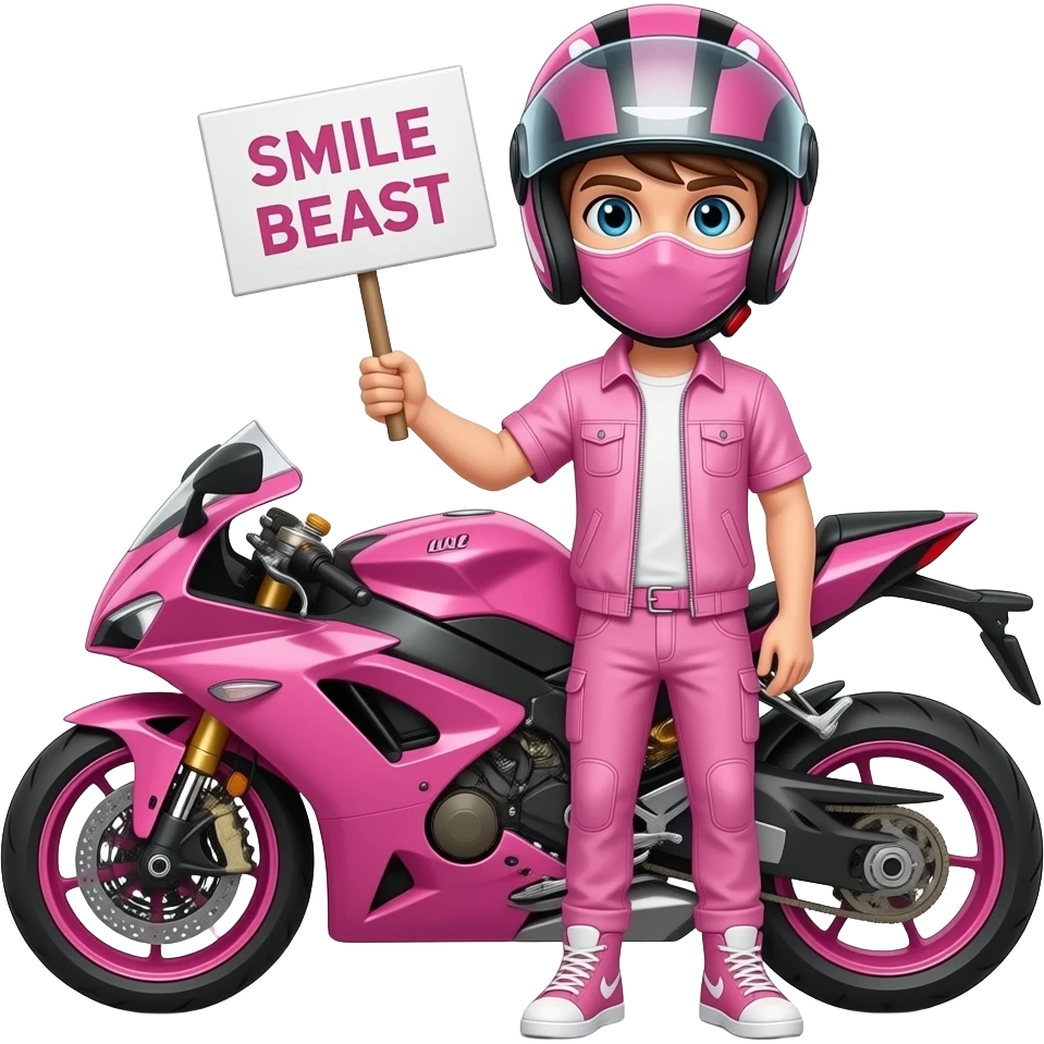 sexy boy with a motorcycle helmet in pink clothes and a pink motorcycle wearing a pink mask holding a SMILE BEAST sign emoji