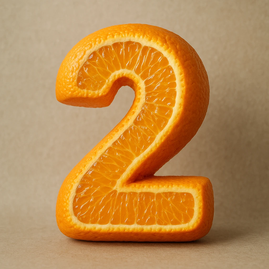 realistic textured number 2 made out of orange, with detailed peel and juicy segments emoji