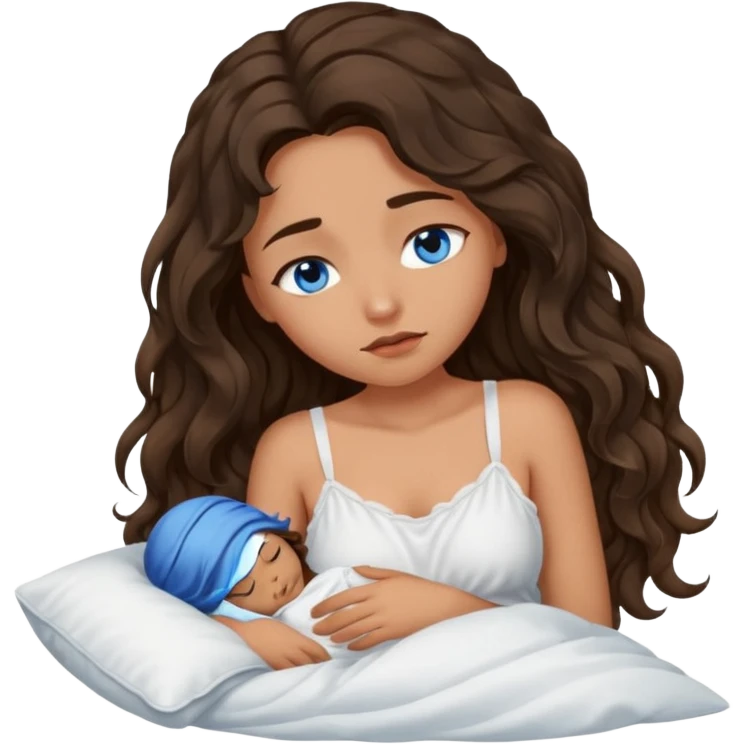 Girl with olive skin, blue eyes, brown dark insanely wavy long hair, white camisole asleep  emoji