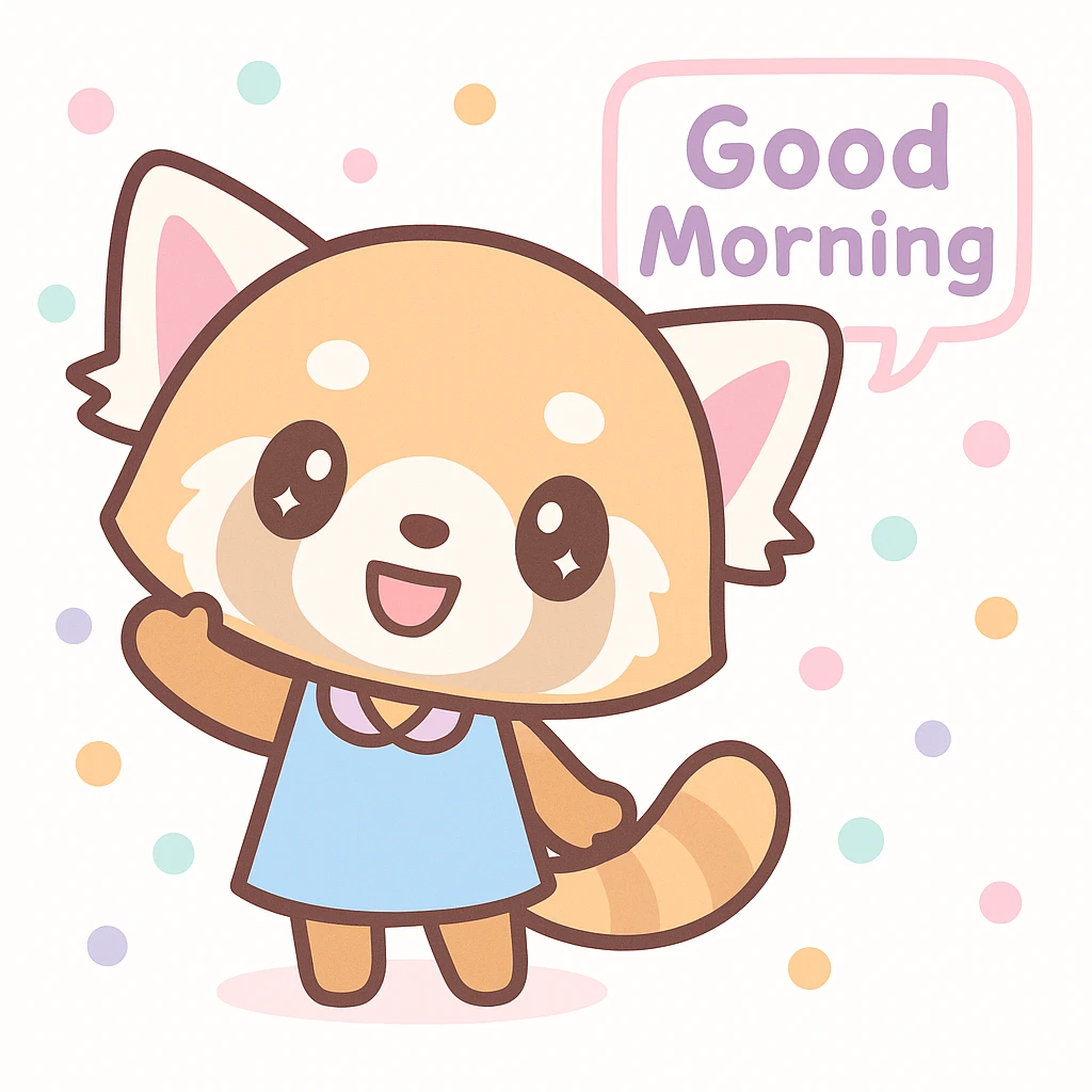 Aggretsuko red panda cheerful waving with a speech bubble that says 'Good Morning', kawaii style emoji