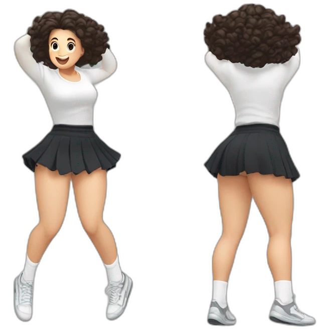 full-body-caucasian-curvy-beauty-jumping-short-black-skirt-back-and-front-views-strong-wind-knickers-long-white-socks emoji