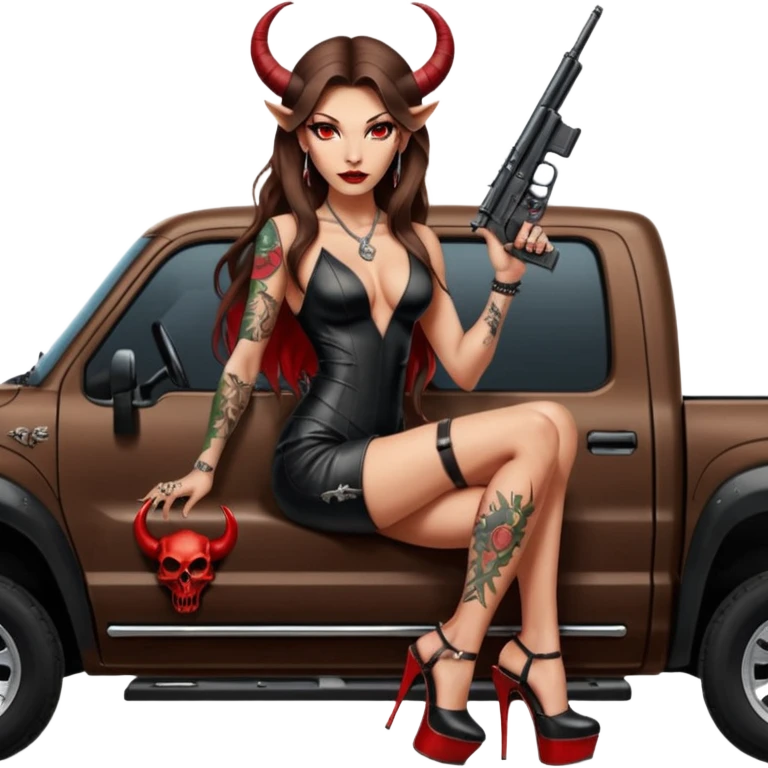 Lilith model red eye sexy black  devil horns.  long brown haired sexy succubus woman with leather long dress slit, sitting in Big Large F350 pickup truck. Black Platform high heels on feet. Tattoo sleeve arms, dead human skull of her ex skull is on top of stack of cash and a gun in  hand emoji