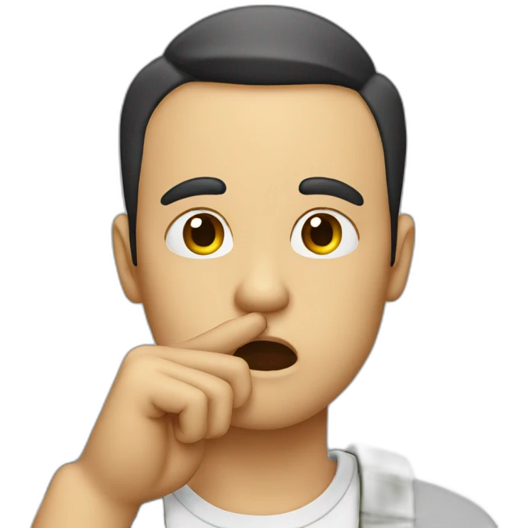 A guy with his finger in his mouth making the silence sign emoji