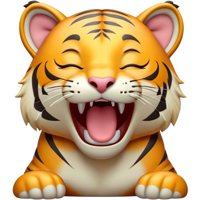 Cinematic Cute Yawning Tiger Portrait Emoji, Head tilted slightly with a dramatic, wide-open yawn, showcasing a lithe, striped body with drowsy, half-closed eyes and an open, relaxed expression, Simplified yet irresistibly adorable features, highly detailed, glowing with a soft, cozy wild glow, high shine, relaxed yet expressive, stylized with a dash of whimsical jungle charm, soft glowing outline, capturing the essence of a drowsy yet affectionate tiger that appears ready to stretch out for a nap! emoji