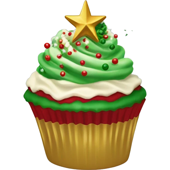 Christmas cupcake with a swirl of red and green frosting, snowflake sprinkles, and a gold star on top emoji