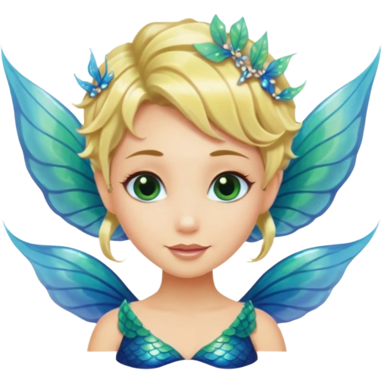 Blonde Mermaid with fairy wings and pixie haircut with blue greentail emoji