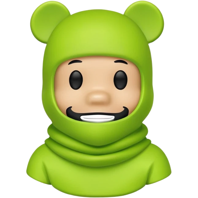 bearbrick toy wearing a lime green balaclava with relaxed but well-defined arched eyebrows visible above the mask emoji