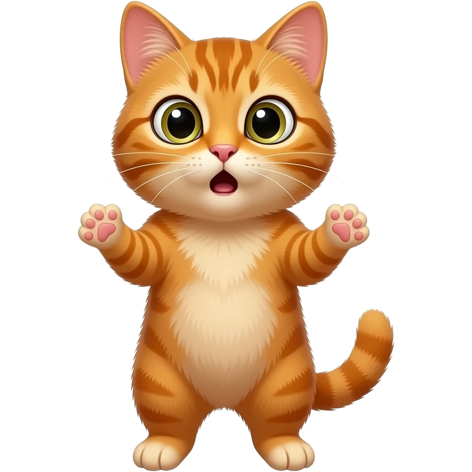 A little orange cat standing up like a little person, looking very surprised. All his body is dark orange. emoji