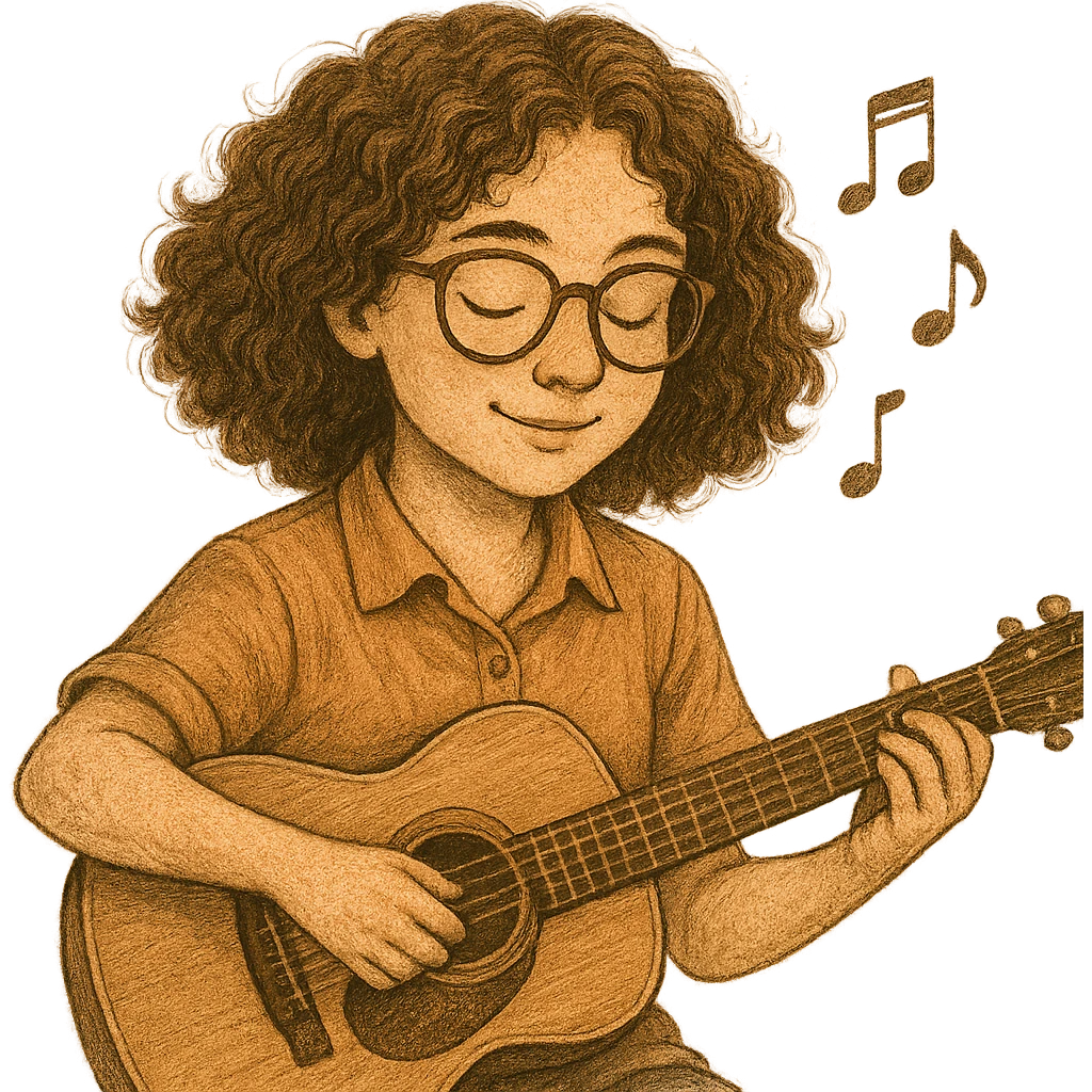 A curly and brown-haired girl with brown-framed glasses, wearing a shirt, playing the guitar, symbolizing music therapy, detailed, warm and soothing ambiance emoji