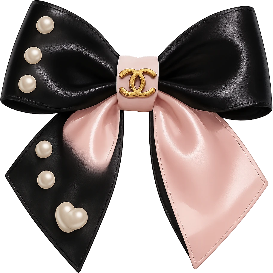 Remove the background, keep only the elegant bow with pearls and gold Chanel logo, glossy, pastel colors, realistic style, with no background. black pink, heart emoji