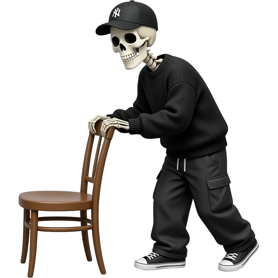 A skeleton wearing a black baggy sweater, with baggy pants, and a black baseball cap, pulling up a chair emoji