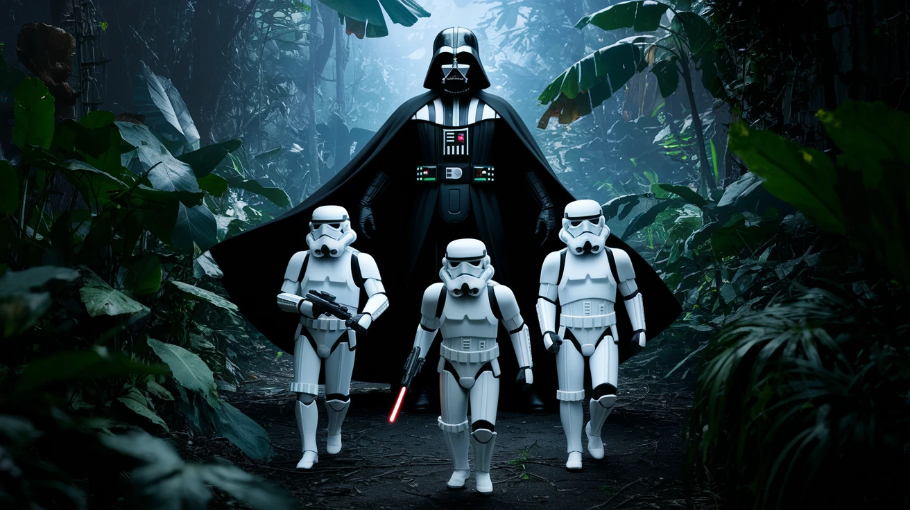 cinematic still, Medium shot, amazon jungle, Darth Vader around stormtroopers coming out from starship on ground, they are exploring the jungle, inspired by StarWars movie, captured by arri alexa emoji