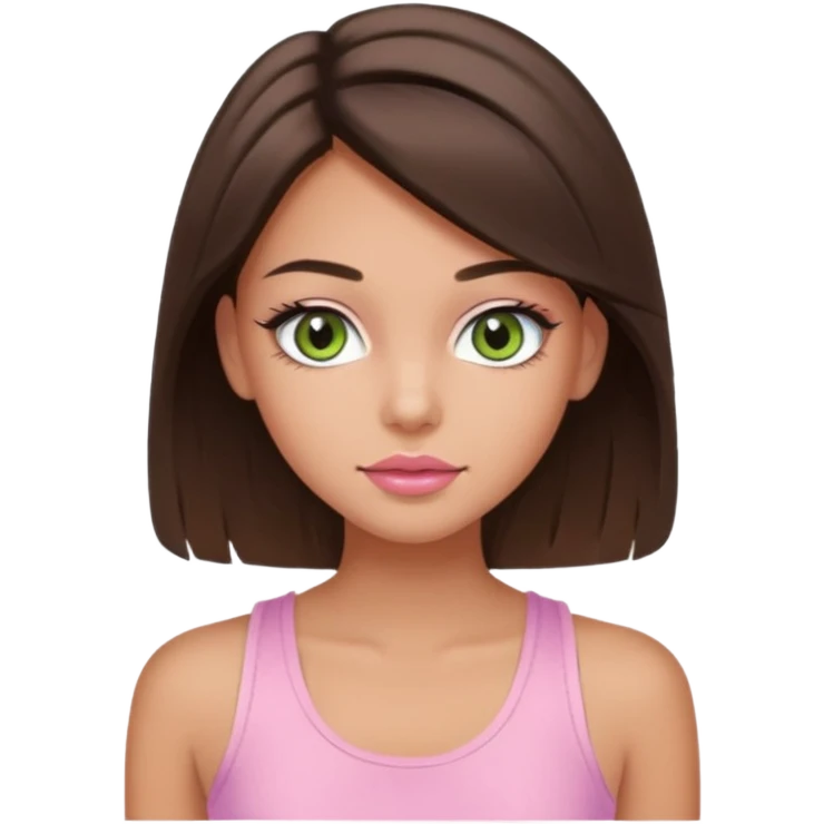 Create a teen girl wearing a light pink tank top. She will have brunette hair, tan skin, pink lips, and grey-green eyes. She has long eyelashes. emoji