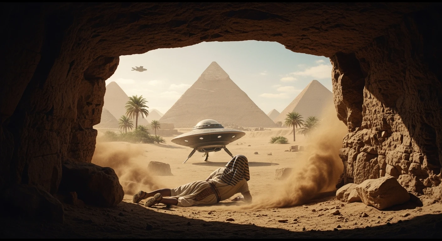 cinematic still, documentary photography, acient egypt, back shot of a man dress in ancient clothes in cave (frame in frame effect) on ground laying front of small ufo starship, sand flying around, palms, dynamic scane, leading lines, captured by arri alexa, depth layers, piramids in babckground emoji