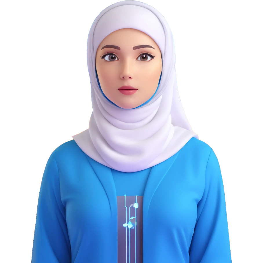 woman with white hijab wearing blue outfit, looking forward, surrounded by floating futuristic screens showing advanced holographic interfaces, AI visualizations, quantum data patterns, circuit networks, high-tech metaverse elements emoji