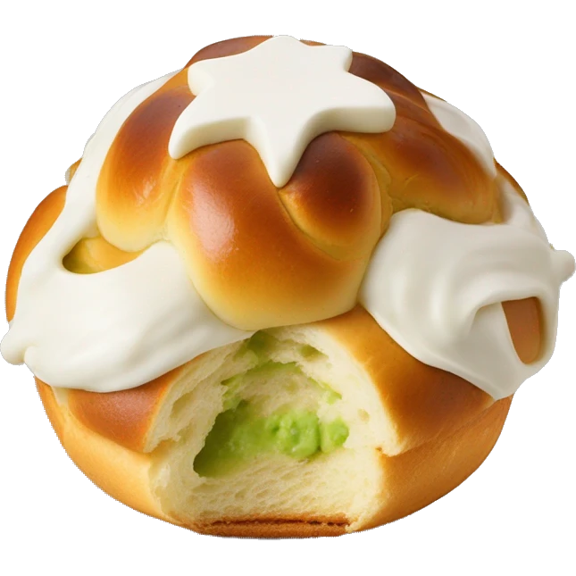 Boule de brioche ronde coupée au centre avec crème fouettée et pistache a l’intérieur  emoji