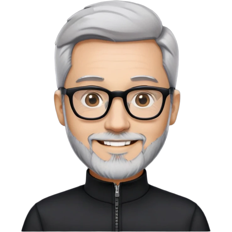 Man with light skin, short black hair styled up, short graying beard, large black-framed glasses, smiling face, black long sleeve mock neck shirt with zip emoji