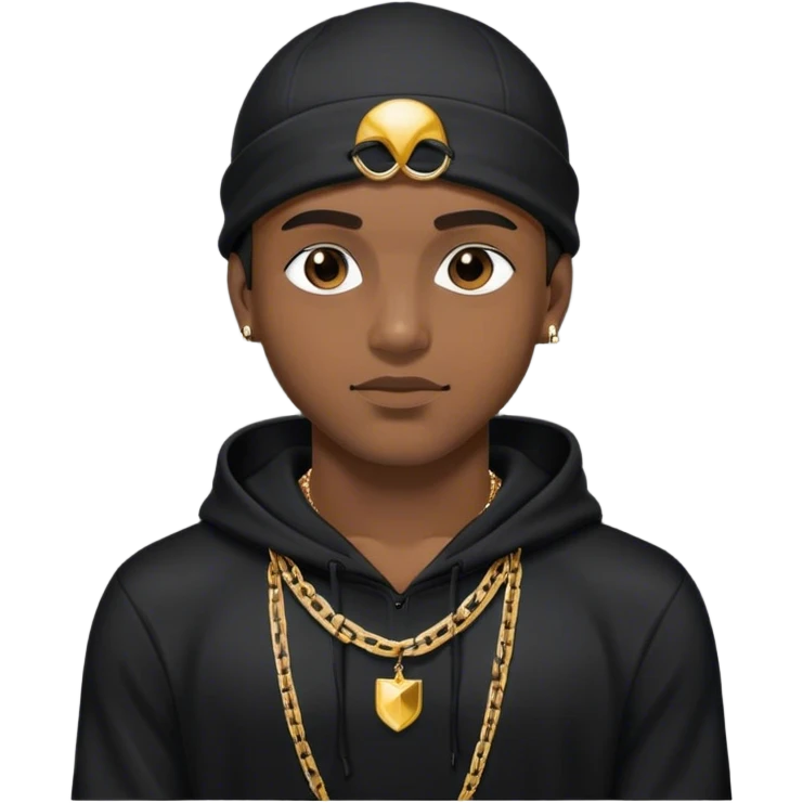 Brown skin man wearing a black swim cap wearing a gold chain and black hoodie emoji