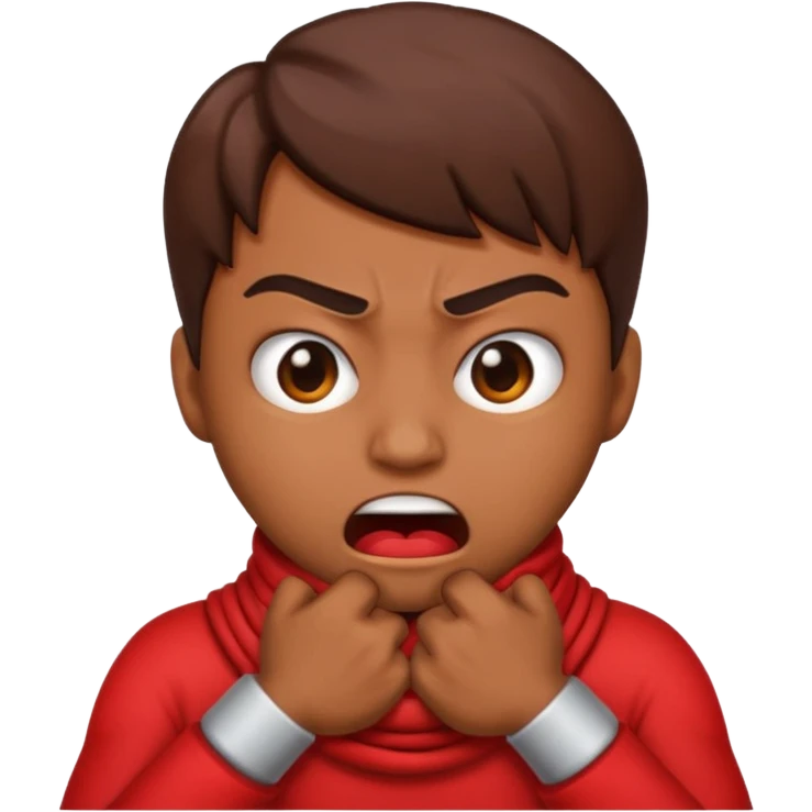 An emoji with their fingers wrapped around their neck and squeezing they looked mad emoji