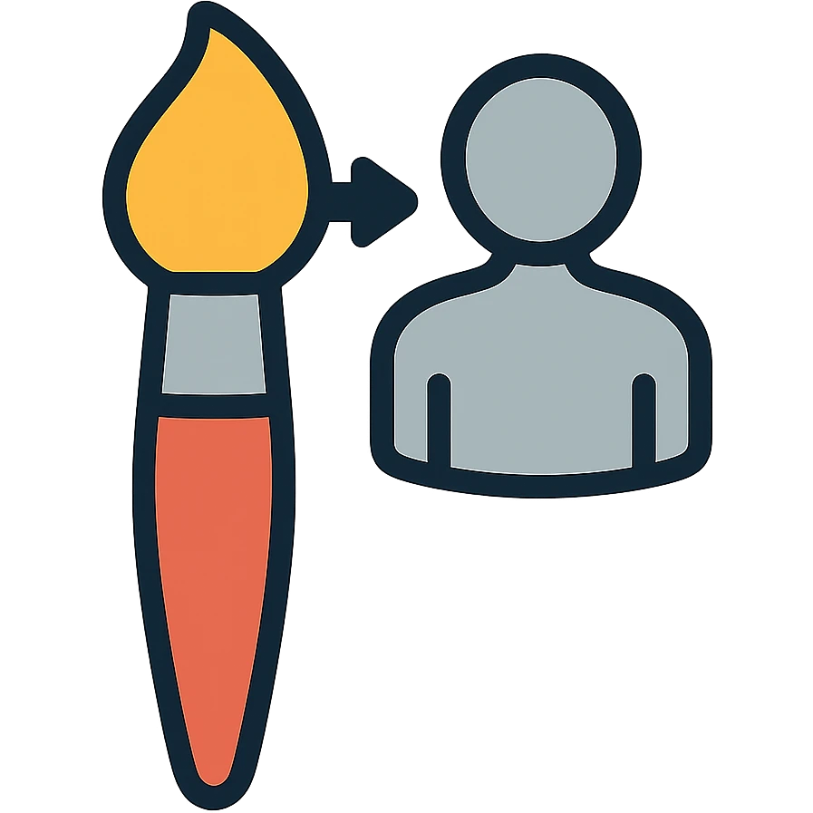 A paintbrush transforming into a metallic human figure silhouette, artistic identity symbol emoji