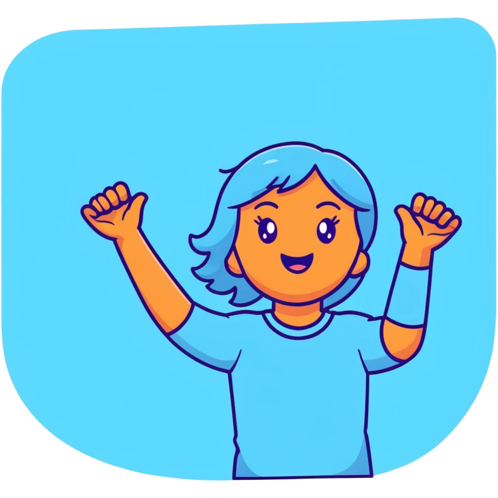 girl wearing pastel blue clothes with arms raised in joy making a hurray celebration gesture emoji