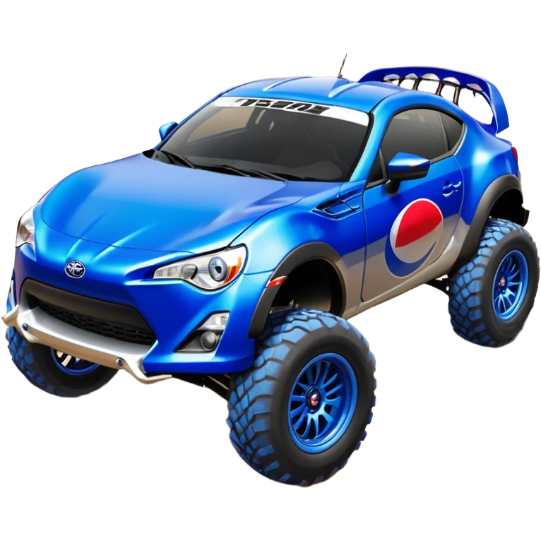 Dirty raced jacked 2013 scion fr-s ultramarine off road 4wd monster Baja dessert stadium racer number 86 with long travel suspension, shiny silver wheels, exaggerated black fender flares sponsored by Pepsi  emoji