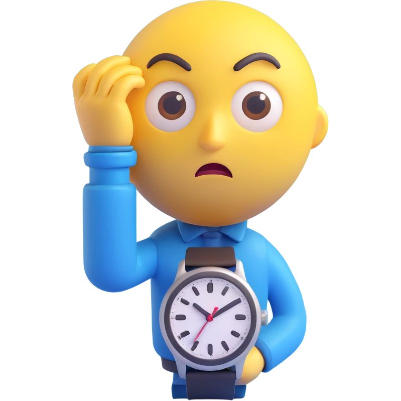 A yellow emoji face with a worried expression, looking at a wristwatch with raised eyebrows, showing urgency and stress emoji