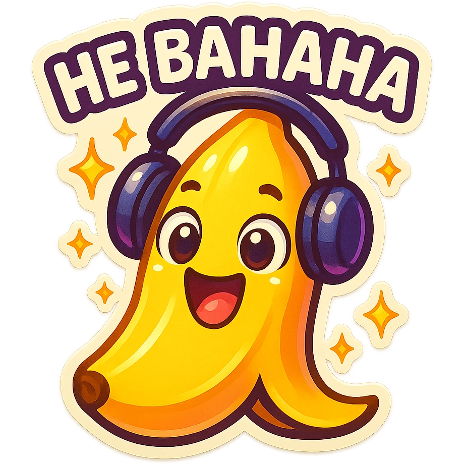 Funny cartoon banana, big happy smiling face, wearing tiny headphones, wide excited eyes, tiny sparkles around, text above: "НЕ БАНАНА ", chibi style, Twitch emoji style, colorful, transparent background emoji