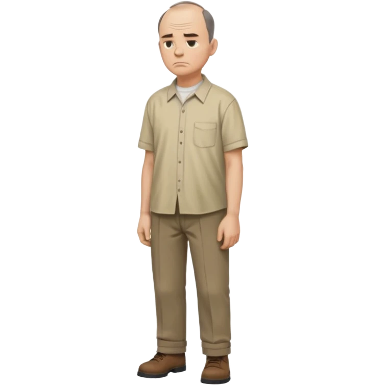 Carl from Sling Blade, serious expression, recognizable features, chin sticking out, slouching posture, no glasses, shirt with collar,  side view,show his entire body, he is standing. three-quarter face angle. He sticks his head forward emoji
