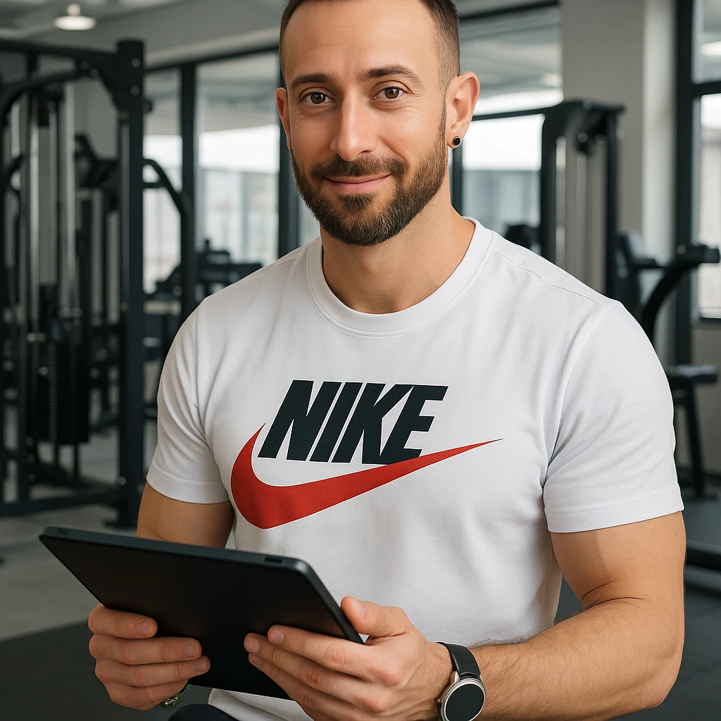 Create a realistic image of a personal trainer in a gym preparing personalized workout plans based on the client's needs, inspired by the person in the reference photo. Show the trainer holding a tablet or notebook in a professional and welcoming gym environment. emoji