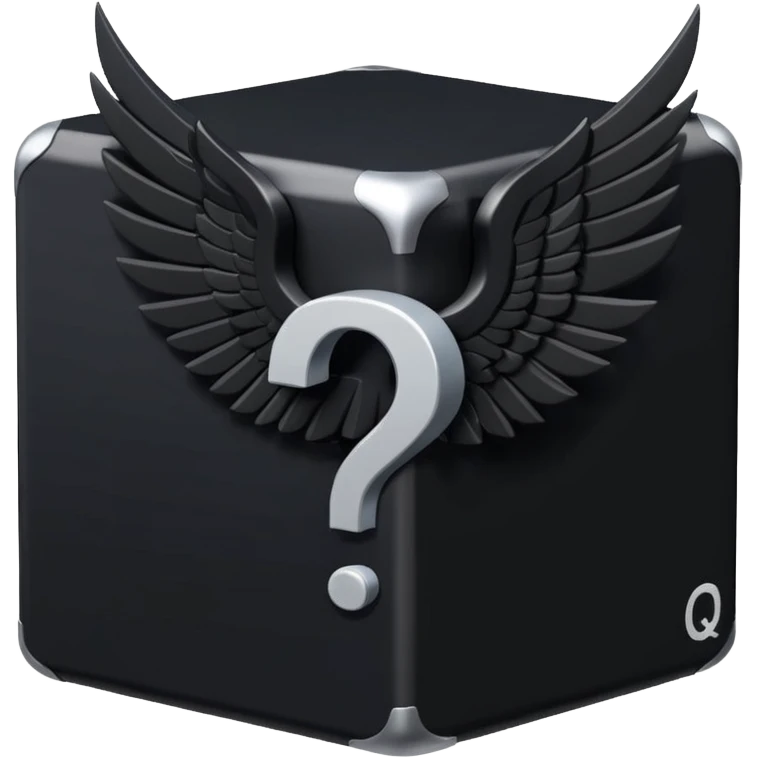 Black cube with black wings and has a white question mark emoji