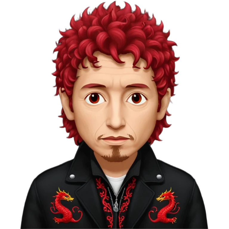 Cinematic realistic Bob Dylan, unshaven and long-haired portrait, in a black jacket embroidered with red dragons, his curly hair red from the spotlights. emoji