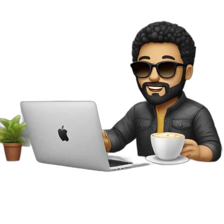Designer with black hair, beard and round sunglasses working with MacBook and drinking cappuccino  emoji