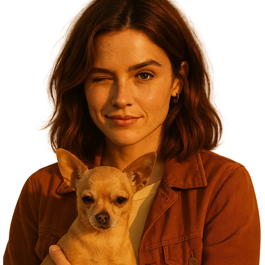 portrait centered of a woman inspired by Zoe Deutch's face, tanned complexion, subtle freckles, playful and determined expression, medium-length brown hair with auburn highlights, wearing a shirt color #FFF8CA and a rust-colored jacket, holding a beige-brown chihuahua, golden hour lighting effect, transparent background, Netflix series style emoji