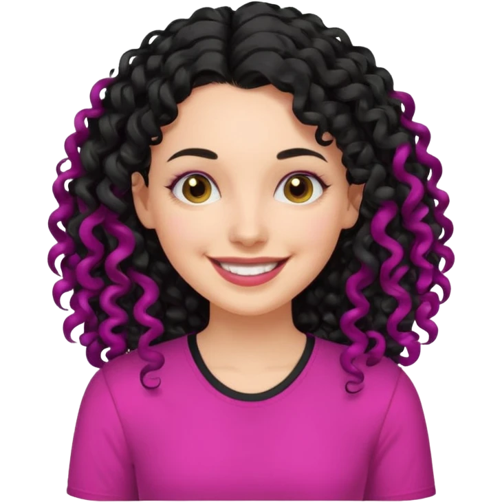 mujer blanca con cabello largo rizado negro sonriendo y con camisa fucsia emoji