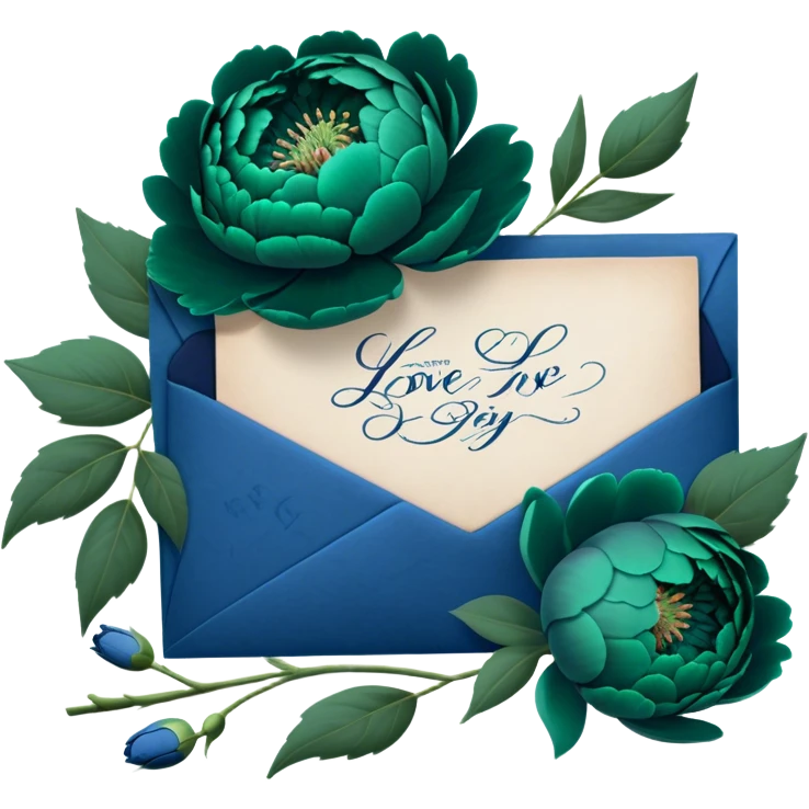 A charming arrangement of deep green peonies placed beside an old blue love letter with an intricate navy blue wax seal. emoji
