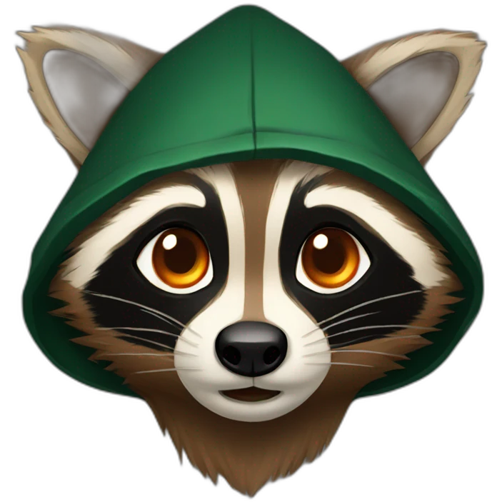 brown raccoon with orange eyes and a dark green hood that is crying emoji