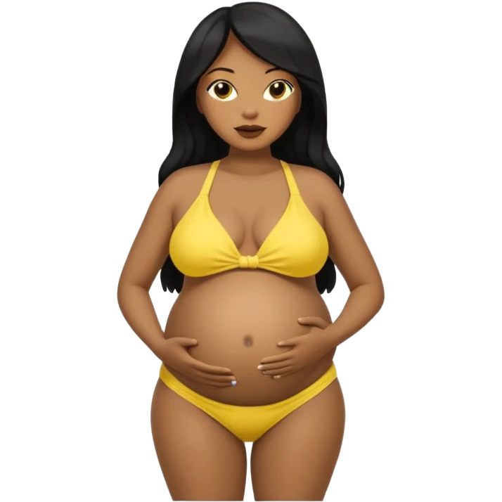 Dark black skin, african black Woman with huge pregnant belly, long hair, yellow bikini, bare midriff, full body. emoji