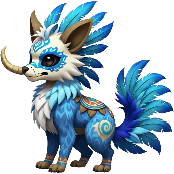 Furry cute colorful exotic tribal feral anime-styled Fakémon-Pokémon-animal-creature with a skull mask, and a feather-mane-collar, and blue feathers, with long furry ears, long furry tail, 4 legs, (full body), with intricate pattern-markings emoji
