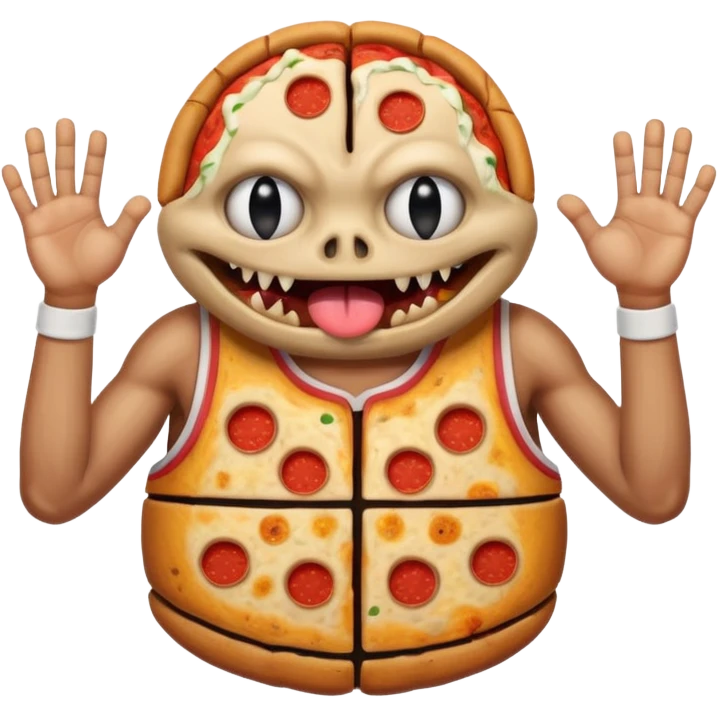 a glitch abomination with hands for a head, a baskeball stomach, pizza eyes emoji