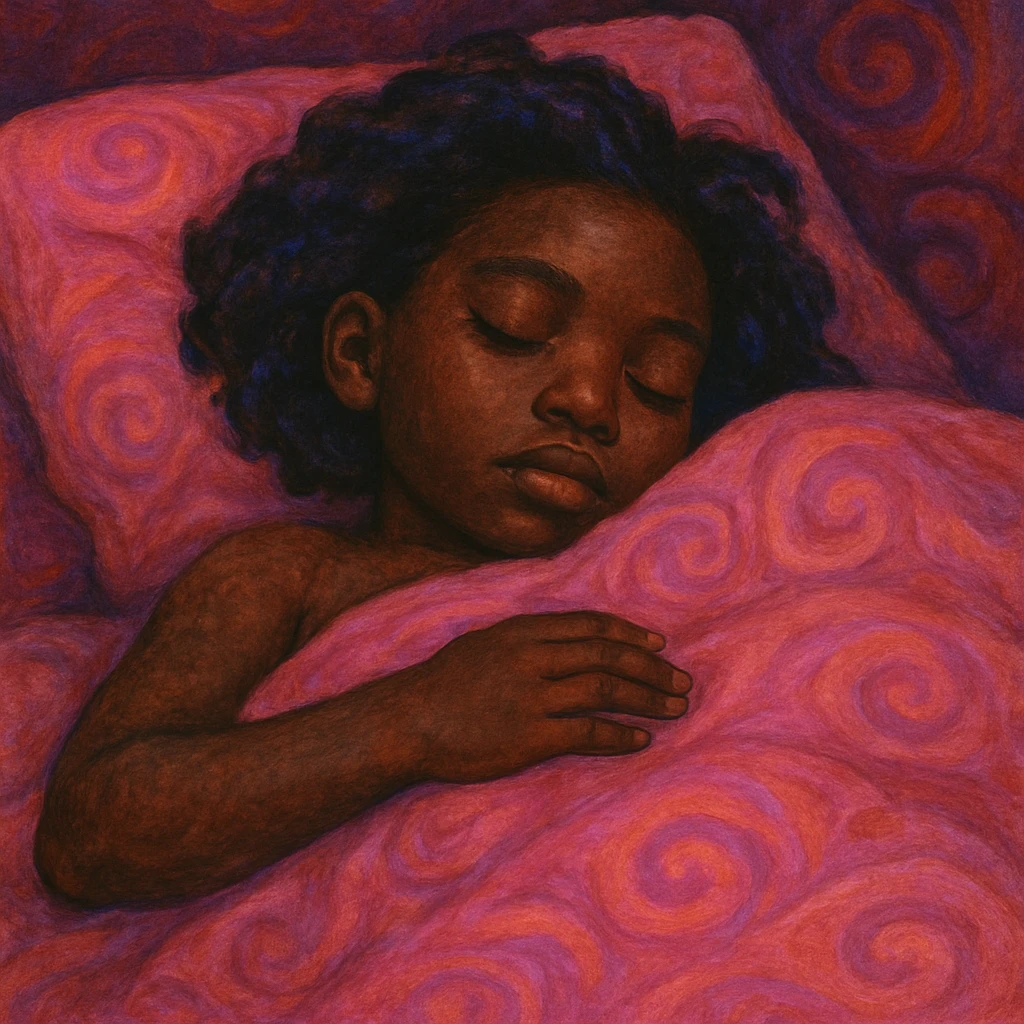 dark skin girl sleeping under pink covers, bufo style emoji