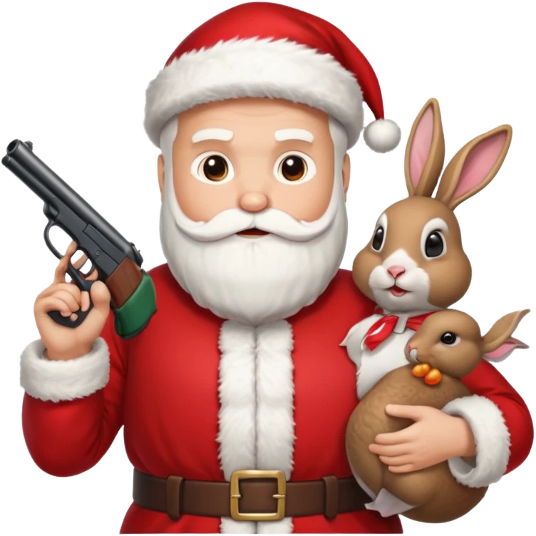 Santa holding a gun shooting a turkey and rabbit emoji