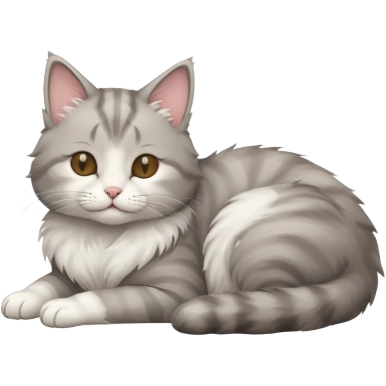 grey and white small cat with its eyes closed lying down with his head leaning on his paw emoji