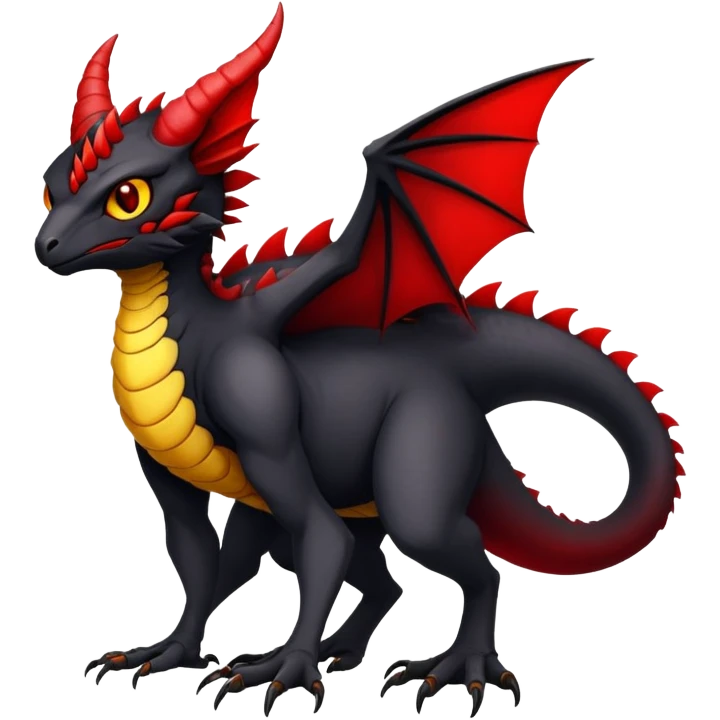 a black exotic edgy vernid-fionbri-Fakémon-creature, with red belly and yellow eyes, full body emoji