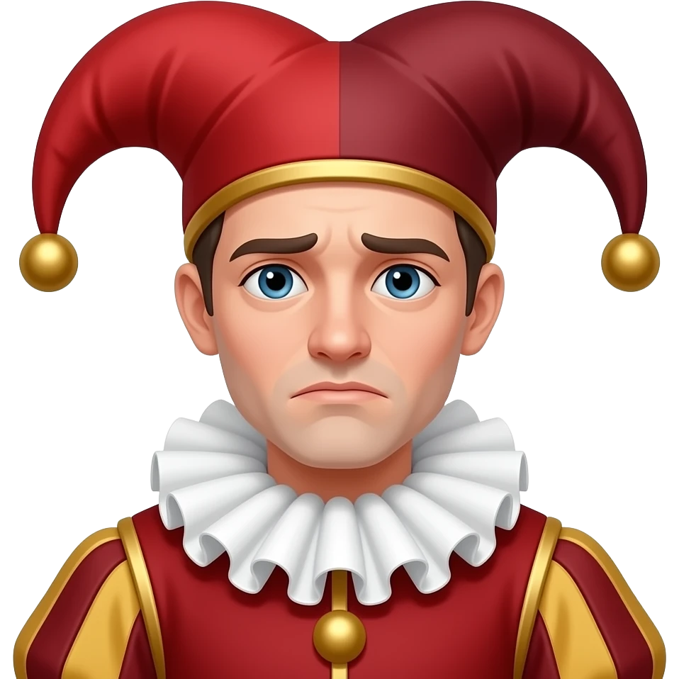 He wears a traditional red jester outfit with a soft pointed cap featuring small bells, subtle gold accents, and a white ruffled collar. His face is, slightly melancholic, with a thoughtful, ironic expression emoji